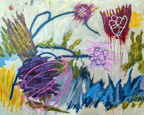 semi-abstract whimsical painting of flowers