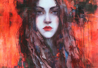 striking portrait of a girl on a red background