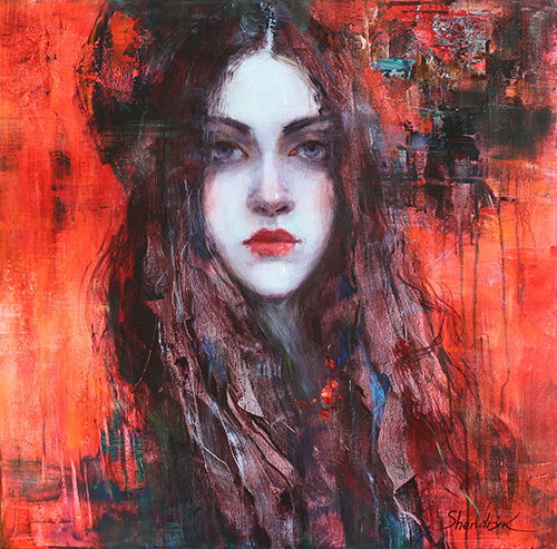 striking portrait of a girl on a red background