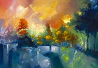 brilliantly colorful oil painting of a landscape with village