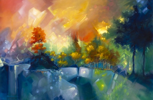 brilliantly colorful oil painting of a landscape with village