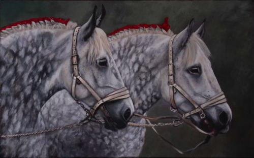 Oil painting of two dappled grey horses