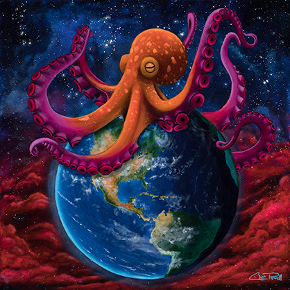 painting of an octopus on a globe