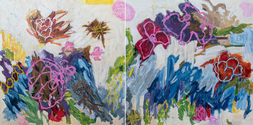 diptych painting of abstract wildflowers