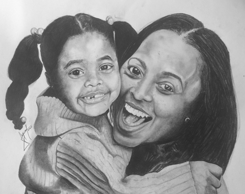 graphite drawing of a woman and child