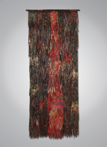 wall installation of mixed media upcycled materials