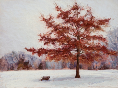 Peaceful winter scene with a tree and small bench
