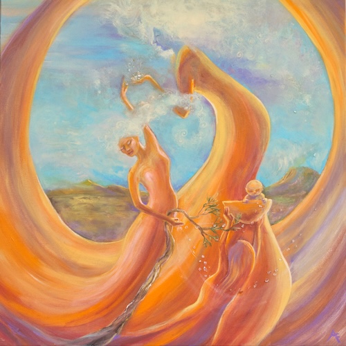 painting of dreamlike figures in a landscape