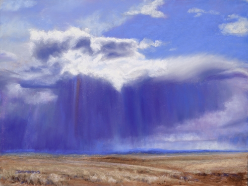 pastel painting of a landscape with rain coming