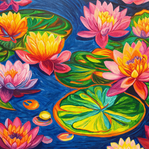 painting of a pond with waterlilies