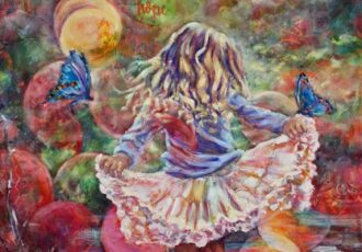 painting of a little girl skipping