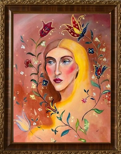 mythical painting of a woman and flowers