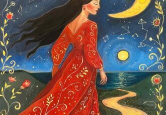acrylic painting of a mythical woman in a starry landscape