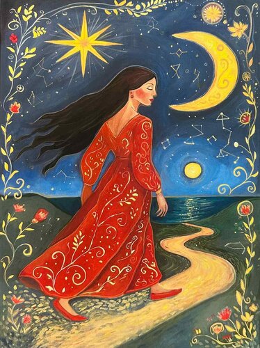 acrylic painting of a mythical woman in a starry landscape