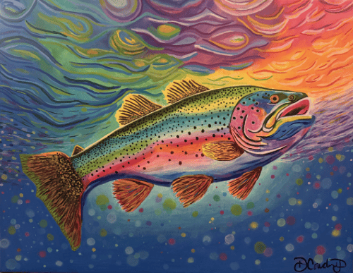 colorful painting of a swimming trout