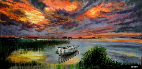 landscape painting of wetlands and a small boat