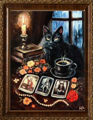 magical painting of a black cat, book and candle