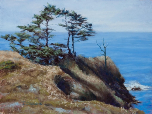 pastel landscape painting of the Pacific Northwest coast with windblown trees
