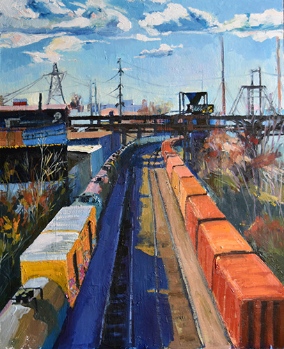 oil painting of an urban train yard