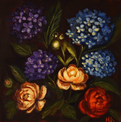 floral painting with a dark background