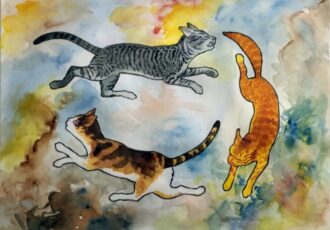 whimsical painting of running cats