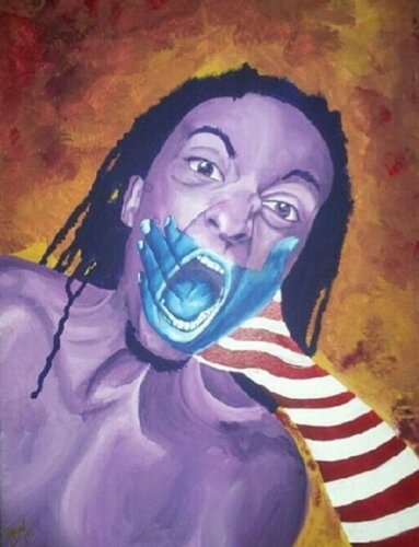 acrylic painting of a black man with a flagged hand over his mouth
