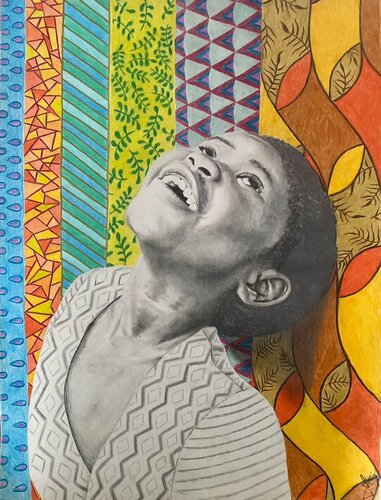 drawing of a young black girl against a colorful background