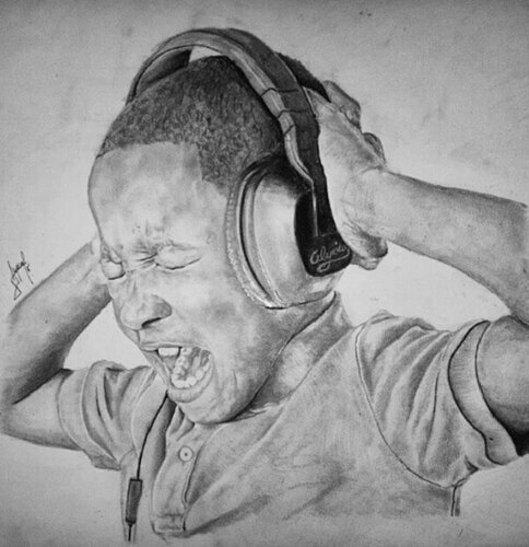 graphite drawing of a young man with headphones