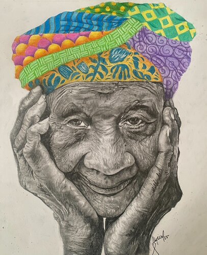 Portrait of an old woman in graphite with a colorful hat