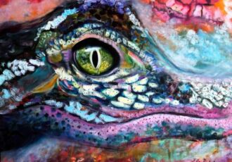 closeup painting of an alligator's eye