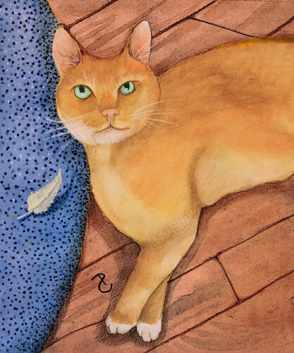whimsical painting of a cat and feather