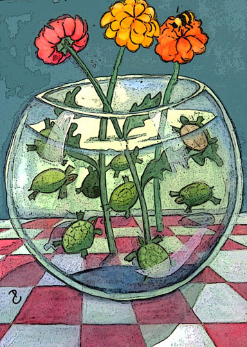 whimsical painting of turtles swimming in a flower vase