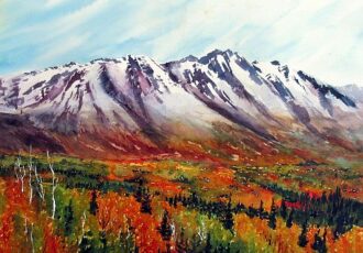 stunning watercolor painting of a mountan in the Yukon territory