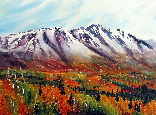 stunning watercolor painting of a mountan in the Yukon territory