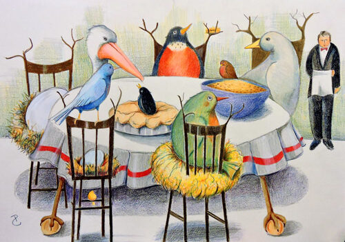 whimsical painting of birds at a dinner table