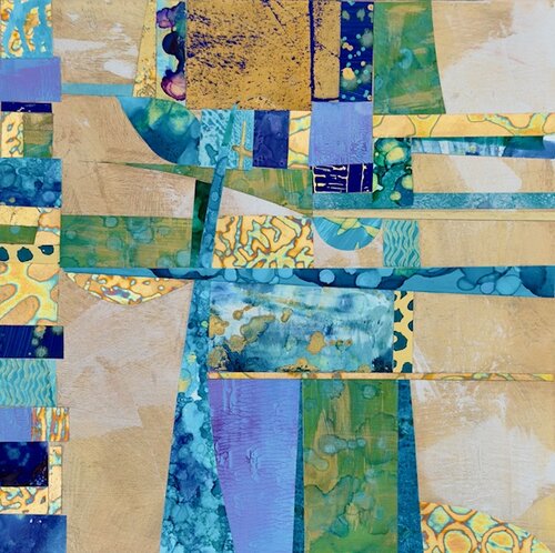 abstract mixed media artwork in blues and greens