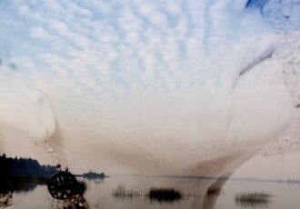 digital art self-portrait with landscape layer