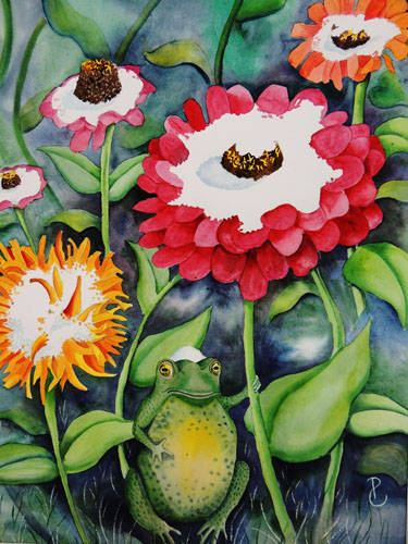 whimsical painting with a toad and flowers