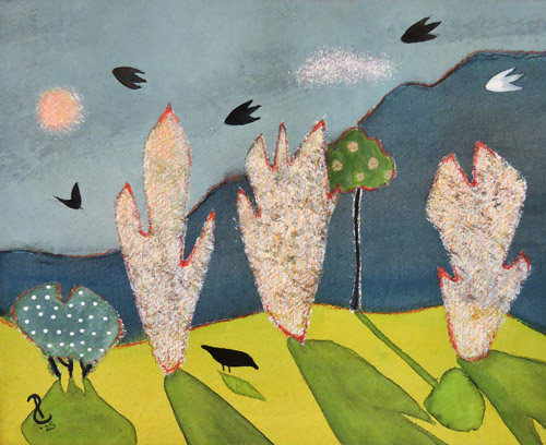 whimsical mixed media landscape art