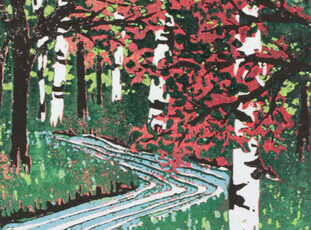 block print of a woodland scene and river