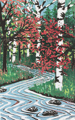 block print of a woodland scene and river