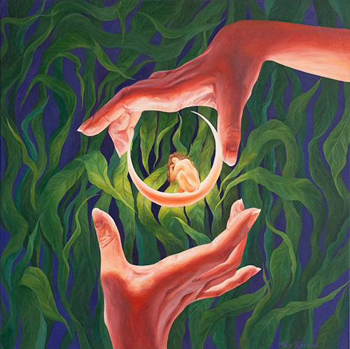 luminous painting of hands holding a small figure