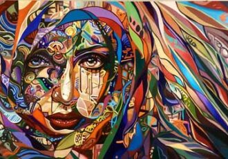 complex and colorful oil painting of a woman