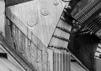 black and white photo of a bridge detail