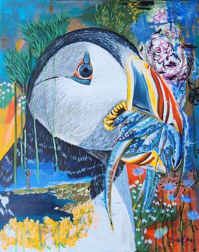 oil painting of a puffin eating