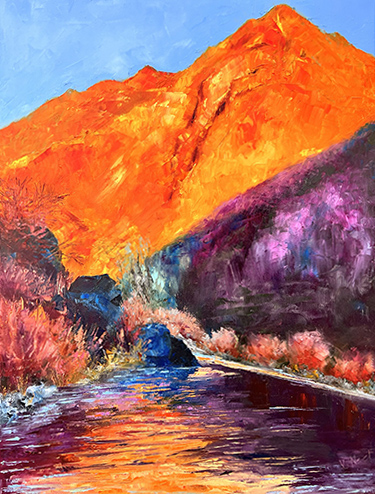 vibrant oil painting landscape with sunset