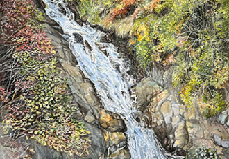 watercolor painting of a mountain waterfall