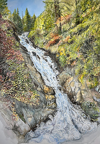 watercolor painting of a mountain waterfall