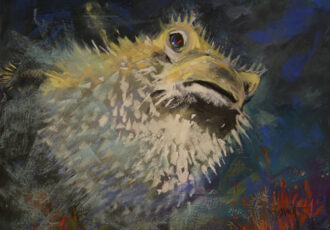 underwater scene with puffer fish in pastel