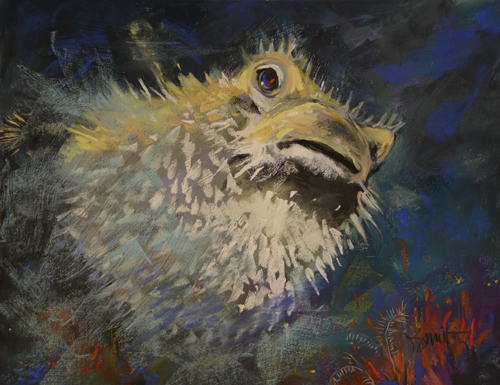 underwater scene with puffer fish in pastel